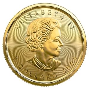 zlatnik Javorjev list 1/10 oz, druga stran kovanca, portret kraljice Elizabete