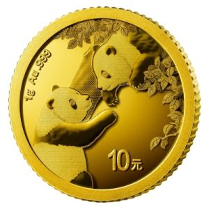 zlatnik Kitajska panda, druga stran kovanca, dve pandi, ki se gledata